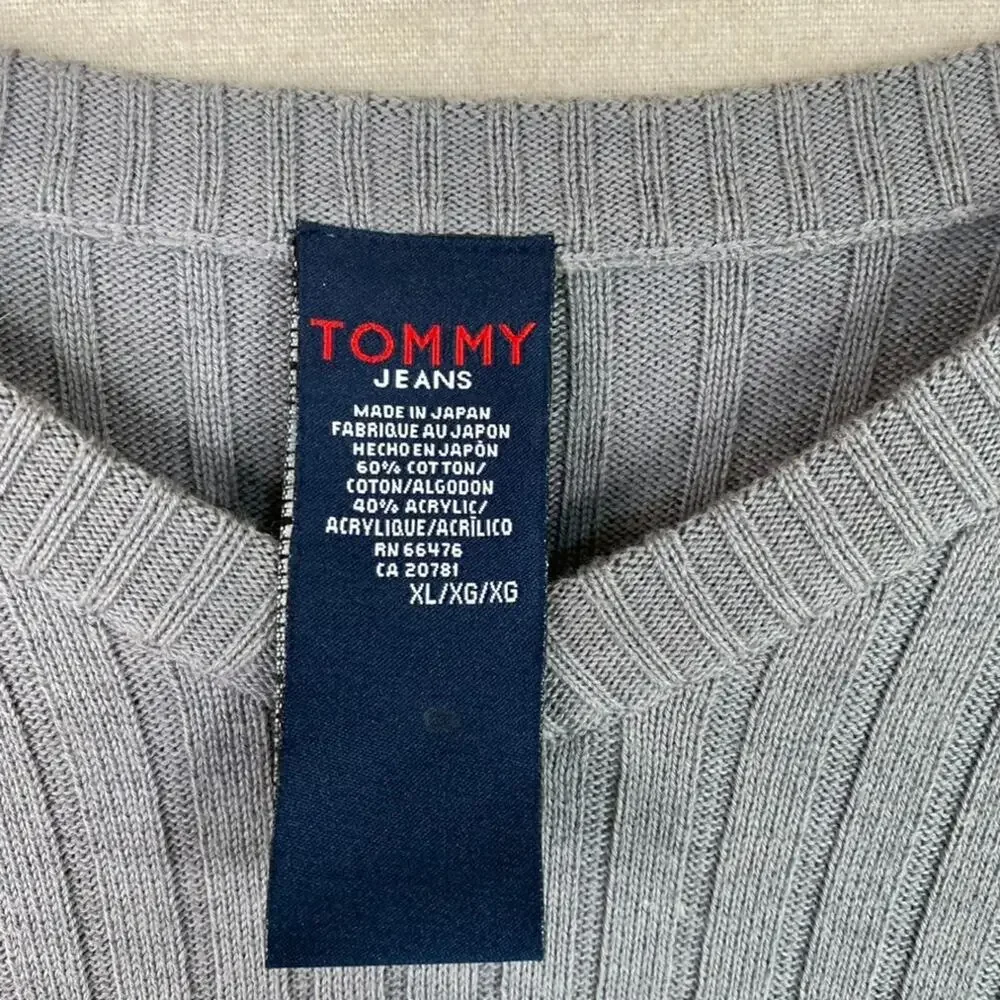 Vintage Tommy Hilfiger Mens Rib Knit Sweater Size XL Fitted Logo Preppy 90s Gray